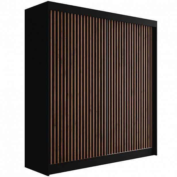 ALTDECOR ŠATNÍ SKŘÍŇ s lamelovými posuvnými dveřmi VILANv2 – 200 cm černá + lamela dub wotan