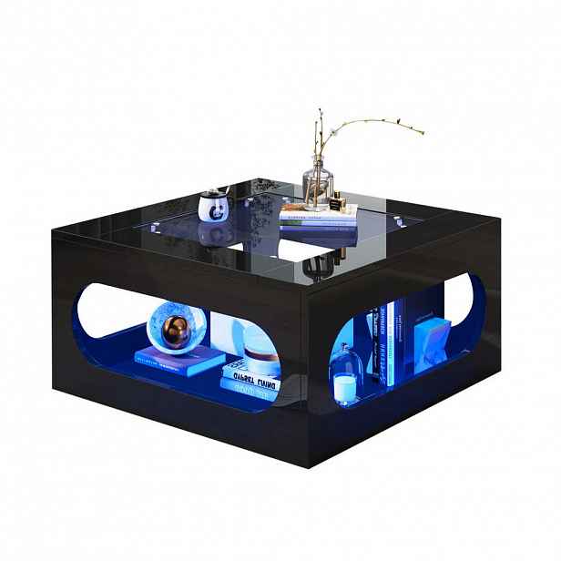 Modfu KONFERENČNÍ stolek z MDF a tvrzeného skla 70x70x35 cm černý s LED osvětlením, ovládáním aplikací
