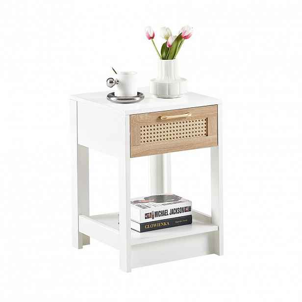 Modfu NOČNÍ stolek z MDF 40x55x40 cm přírodní/bílý se zásuvkou a ratanovým dekorem