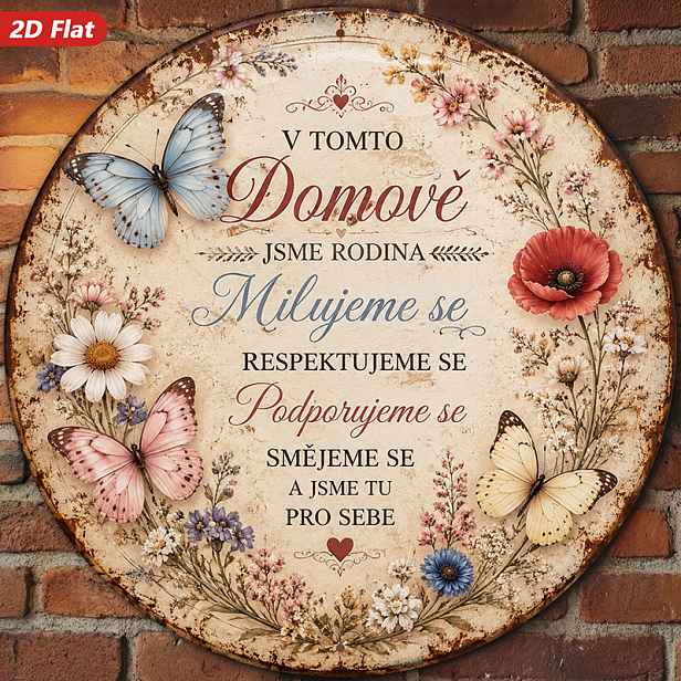 TEMU 2D Plochý, 1ks Kovová Kulatá Nástěnná Dekorace s Citátem o Rodinné Lásce, Text v Češtině, Domácí Dekorace, Modré a Růžové Motýly, Živý Květinový