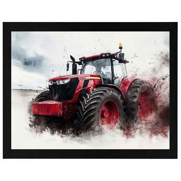 Plakát Rámeček Dřevo Červený Traktor Farma Pole Zemědělský Traktor 80x60