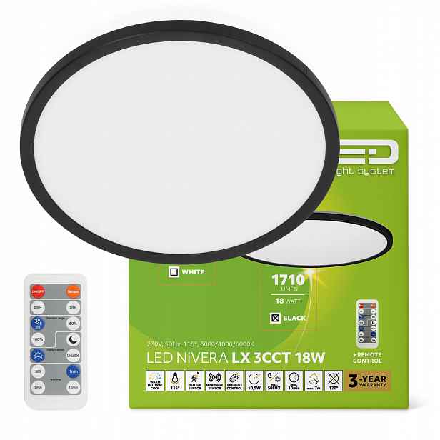 stropní svítidlo Led 18W IP54 se senzorem pohybu a soumraku, 3 barvy světla