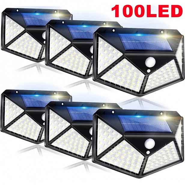 TEMU 6 ks 100-LED solárních nástěnných světel s pohybovým senzorem, 270° úhel osvětlení, bezpečnostní světla s pohybovým senzorem, čtyřstranné