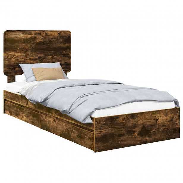 vidaXL Postel s úložným prostorem se zásuvkou Kouřový dub 90 x 190 cm