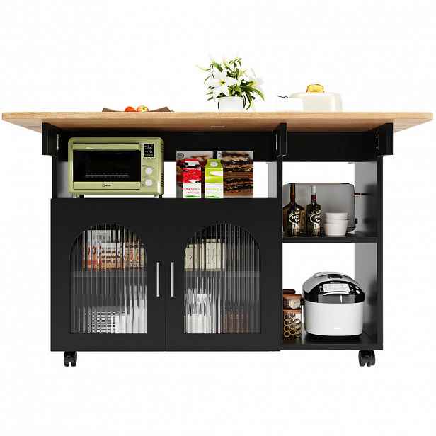 OKWISH KUCHYŇSKÝ ostrůvek 120/70/79,5 cm černá a přírodní z MDF a skla s výklopnou deskou a úložným prostorem