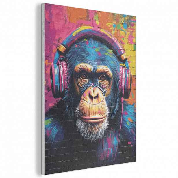 MuchoWow AKUSTICKÝ obraz Graffiti - Šimpanz - Street art - Sluchátka - Opice 60x80 cm