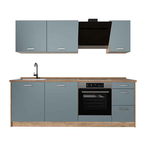 Vicco KUCHYŇSKÝ KOUT R-Line, Modrošedá/Zlatý mocný dub, 220 cm pracovná doska Dub Goldkraft