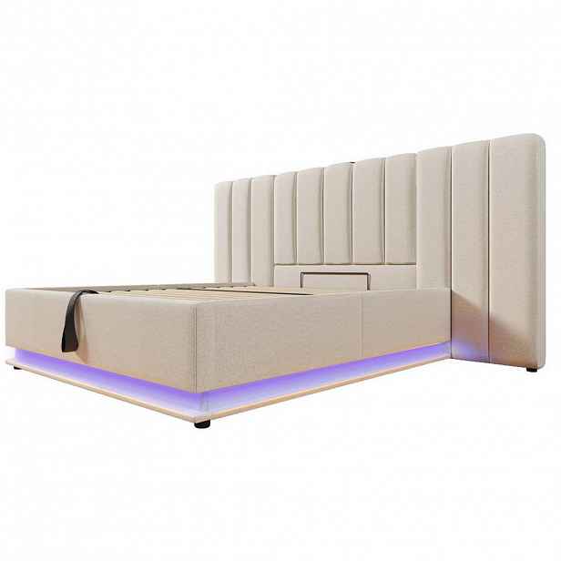 Modfu ČALOUNĚNÁ postel z lnu 160x200 cm béžová s LED osvětlením, USB-C a hydraulickým úložným prostorem