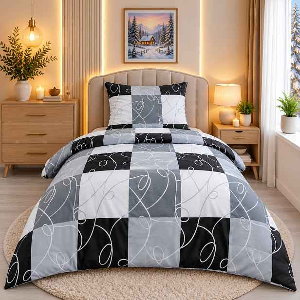 TOP Flanelové povlečení 140x200+70x90 Šachy šedočerné