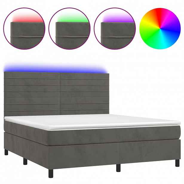 vidaXL Box spring postel s matrací a LED tmavě šedá 180x200 cm samet