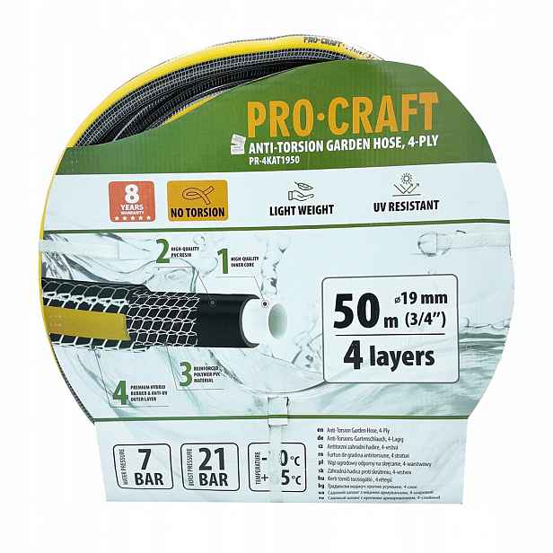 Černo-žlutá zahradní hadicí Procraft PR-4KAT1950 4-vrstvá, 3/4" 50 m
