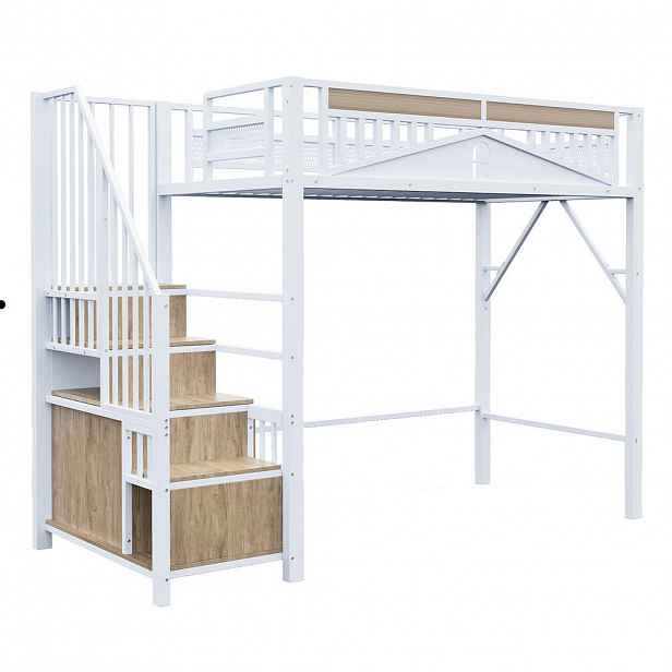 STILVORA PATROVÁ POSTEL 90/200 cm, bílá, s úložným prostorem, skříní a designem okna