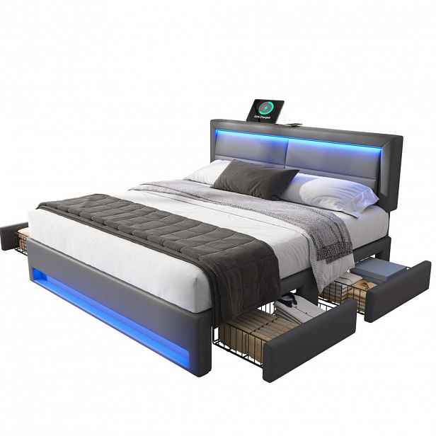 OKWISH ČALOUNĚNÁ postel 140/190 cm šedá z PU s LED osvětlením, USB nabíjením a 4 zásuvkami