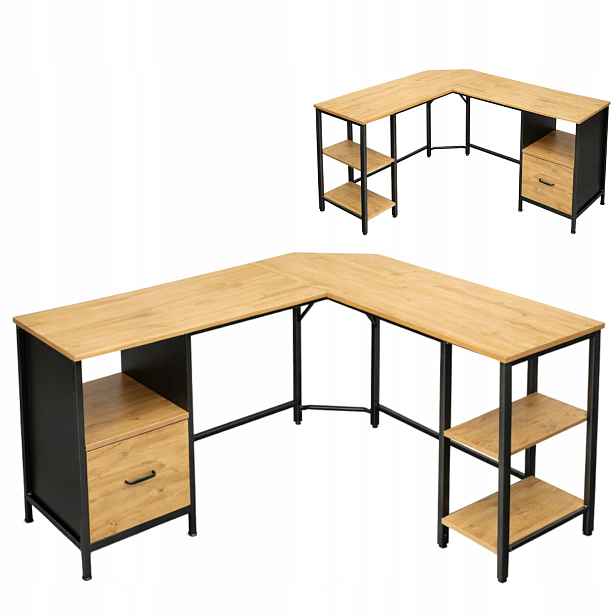 Rohový Psací Stůl Loft L dub Mdf černý rám šuplík police 149x149 do kanceláře