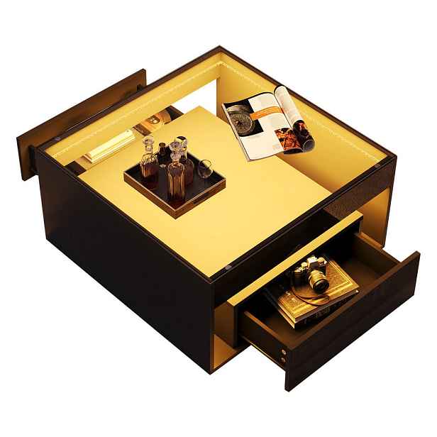 EVRYAE KONFERENČNÍ STOLEK 70/70/35 cm skleněná deska LED zásuvky MDF vysoký lesk Černá moderní kompaktní