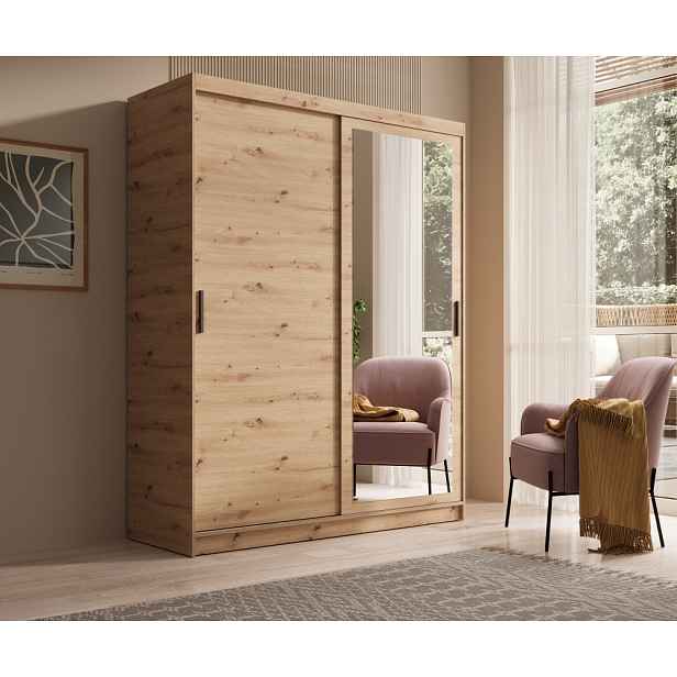 Skříň se zrcadlem a posuvnými dveřmi 160 cm DERLIA - dub artisan