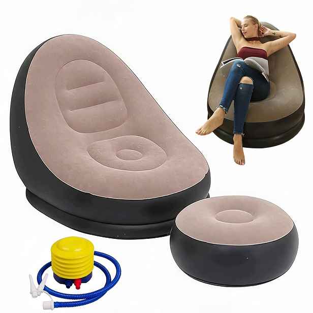 Taburet nafukovací s podnožkou 2v1 – 100x73 cm, samet Pvc do 100 kg, skládací