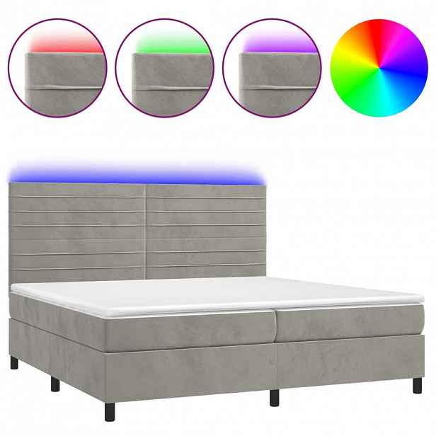vidaXL Box spring postel s matrací a LED světle šedá 200x200 cm samet