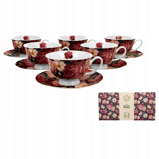 Sada 6 porcelánových šálků 250 ml Růže na kávu Podšálky Dárek