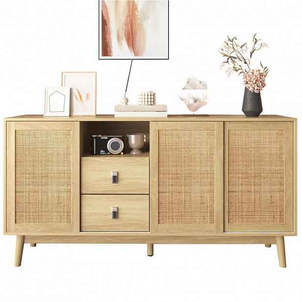 OKWISH BOČNÍ skříň 155/38/80 cm dřevěná z MDF a dřevotřísky se 3 posuvnými dvířky a 2 zásuvkami