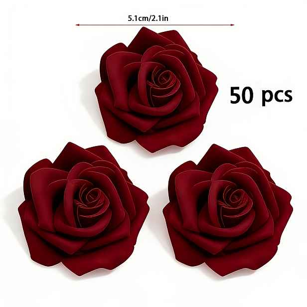 TEMU 50 ks umělých hlav růží na Valentýna, imitace květinových hlav z pěny, vínově červené růže, vhodné domácí svatební dekorace, aranžmá na večírky,