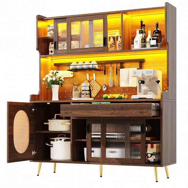 OKWISH PŘÍBORNÍK 145/39/171 cm hnědý z MDF s LED osvětlením a perforovanou deskou