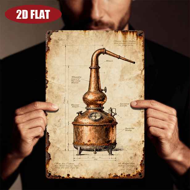 TEMU 2D Plochá, 1ks Vintage Destilační Zařízení & Měděná Pálenice Whisky Lihovin Téma Plechová Plaketa - 20,32x30,48cm Průmyslové Steampunk Nástěnné