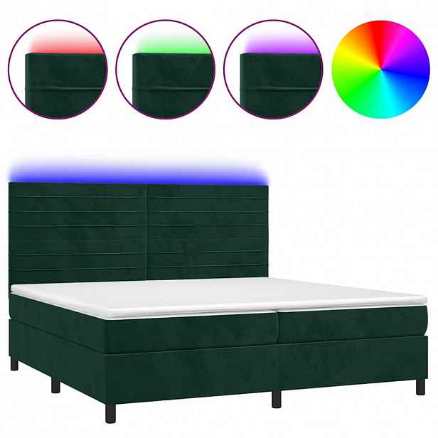 vidaXL Box spring postel s matrací a LED tmavě zelená 200x200 cm samet