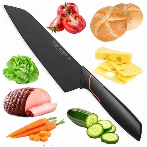 Nůž Santoku Fiskars Edge Silný Kuchyňský Asijský Premium Černý Ostrý 17 CM