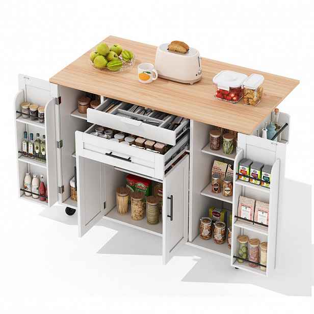 OKWISH KUCHYŇSKÝ ostrůvek 136/70/92 cm bílá a přírodní z MDF s výsuvnou pracovní deskou a úložným prostorem