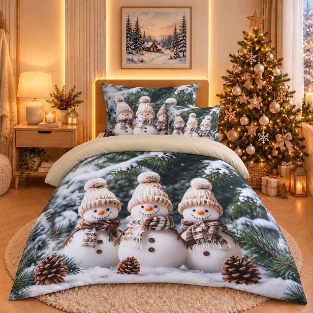 TOP Třídílná sada 3D povlečení 140x200+70x90+45x45 Sněhuláci v lese
