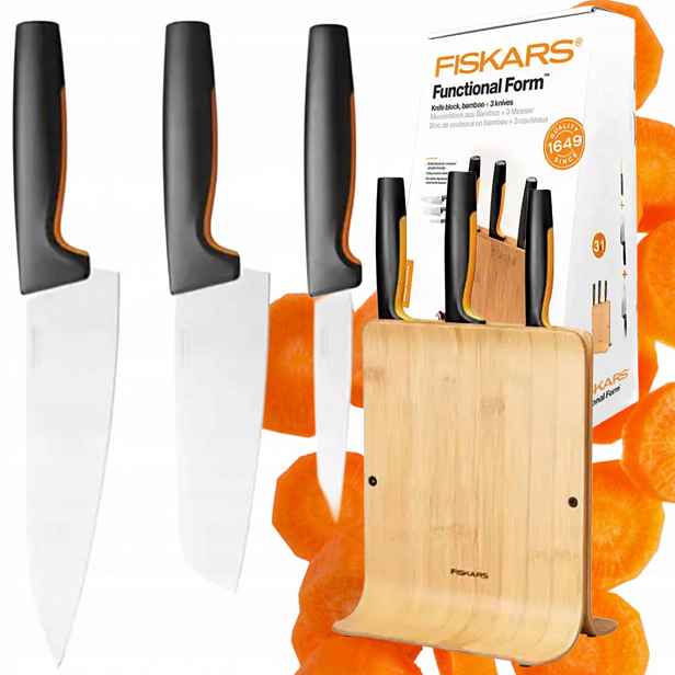 Sada 3 Kuchyňských Nožů Fiskars Funkční Forma Bambusový Blok 4 Prvky