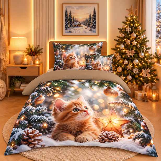 TOP Třídílná sada 3D povlečení 140x200+70x90+45x45 Vánoční kotě