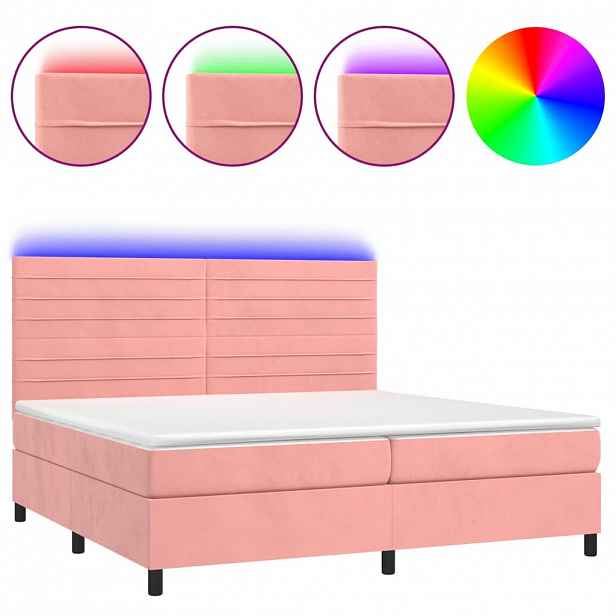 vidaXL Box spring postel s matrací a LED růžová 200x200 cm samet