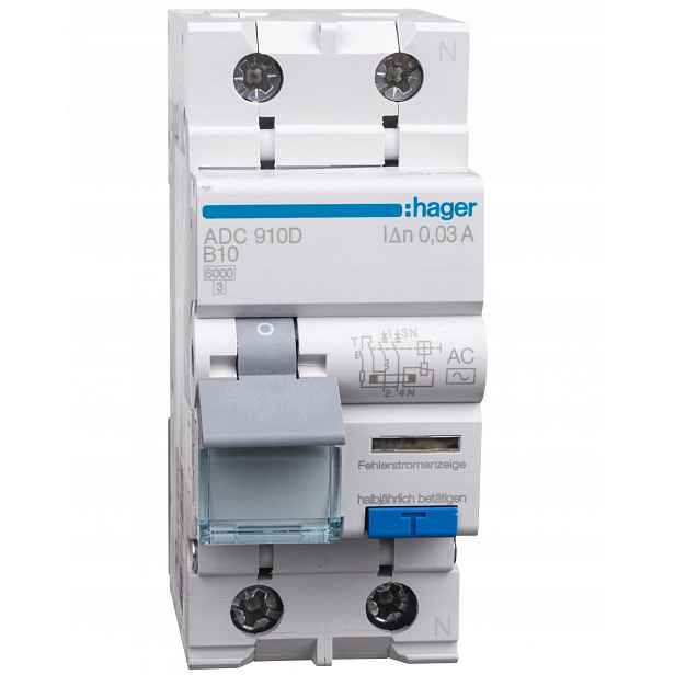 Kombinovaný chránič s jističem Rcbo 2P B 10A 30mA Ac Hager ADC910D