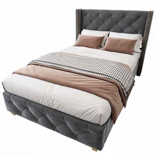 OKWISH ČALOUNĚNÁ postel 90/200 cm šedá ze sametu s čalouněným čelem, knoflíkovým prošitím a kovovými cvočky
