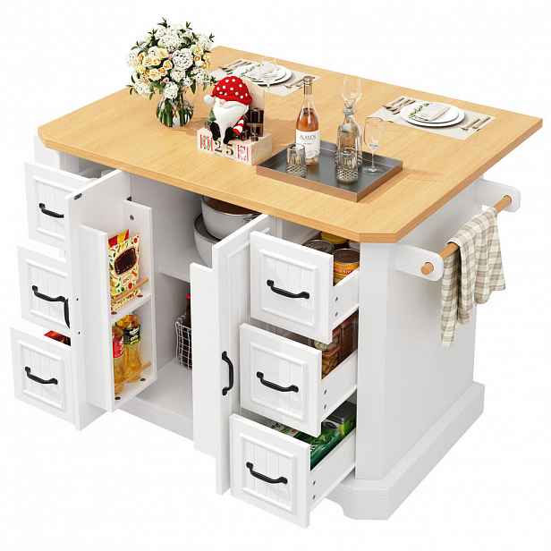 OKWISH KUCHYŇSKÝ ostrůvek 120/45/91 cm bílý z MDF a kovu s kolečky a úložným prostorem