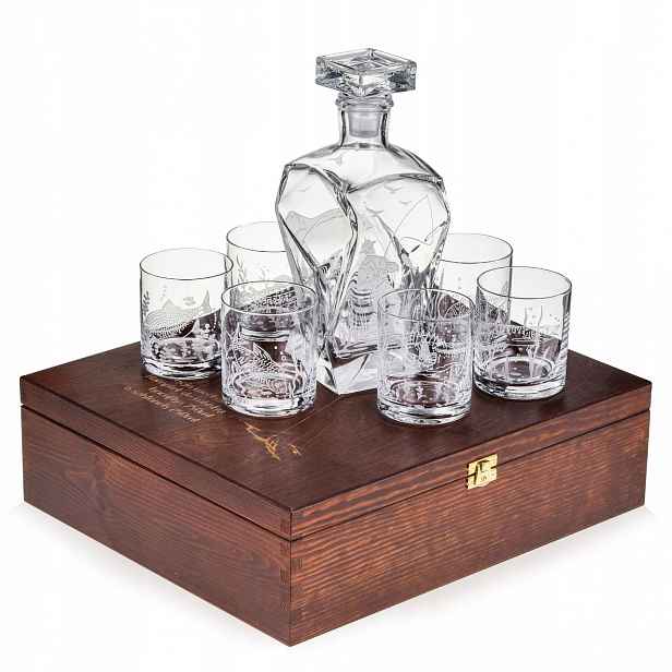 Sada na whisky 6+1 Rybářské sklenice lámaná karafa v krabičce