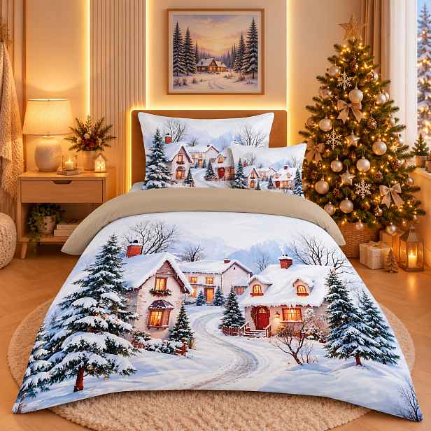 TOP Třídílná sada 3D povlečení 140x200+70x90+45x45 Vánoční vesnička