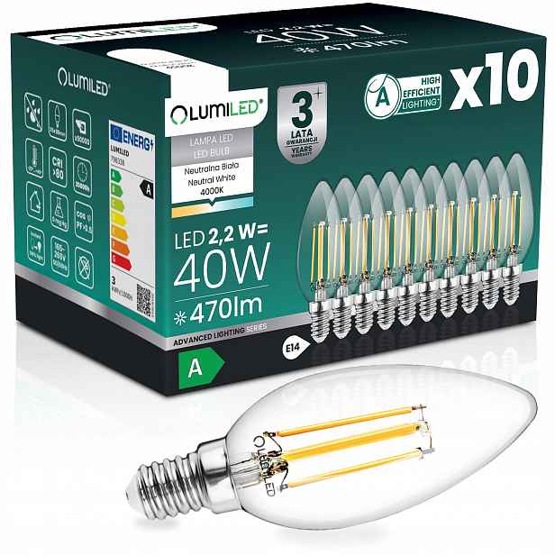 10x Led Žárovka E14 Filament Třída A 2,2W 470LM 40W 4000K 360° Svíčka