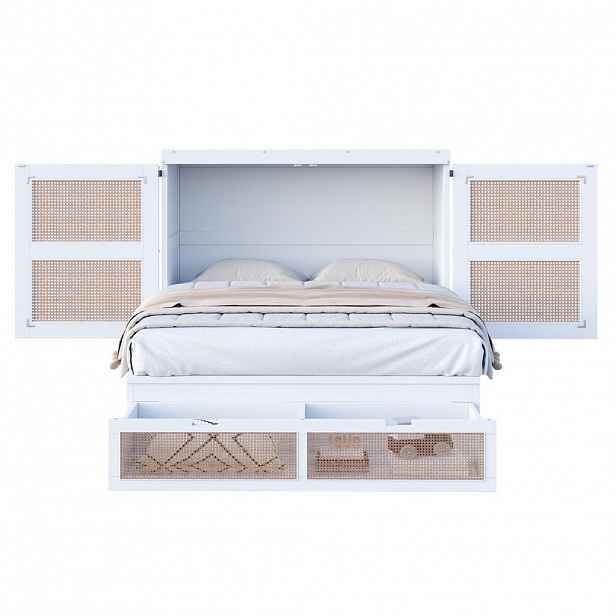 OKWISH SKLÁPĚCÍ postel 140/200 cm bílá z dřeva s roštom, úložnými zásuvkami a ratanovým vzhledem