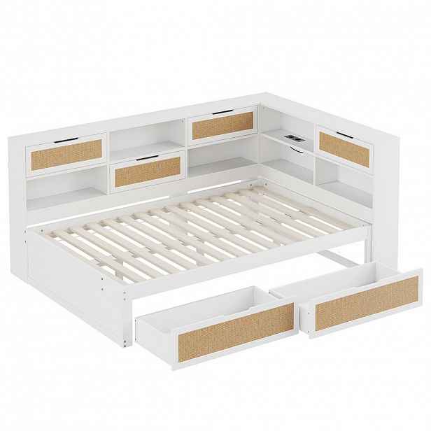 Modfu MULTIFUNKČNÍ postel z borovicového dřeva, překližky a MDF 140x200 cm bílá s USB porty, úložnými zásuvkami a policemi