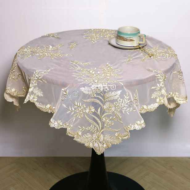 TEMU Evropský styl trojrozměrný béžový vyšívaný čtvercový elegantní krajkový ubrus, 100% polyesterové vlákno - Domácí ochrana stolní desky pro kulatý