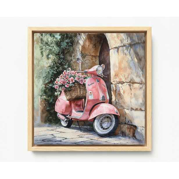 Obraz Rám American Box Růžový Skútr Vespa Květiny Zeď Vintage Retro 50x50