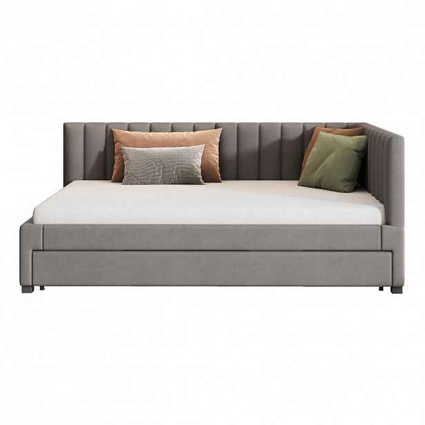 OKWISH ČALOUNĚNÁ postel 140/200 cm šedá z sametu s výsuvným lůžkem