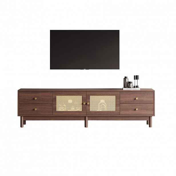 OKWISH TV stolek 180/35/44 cm hnědý z dřevotřísky s ratanovými dvířky a čtyřmi zásuvkami