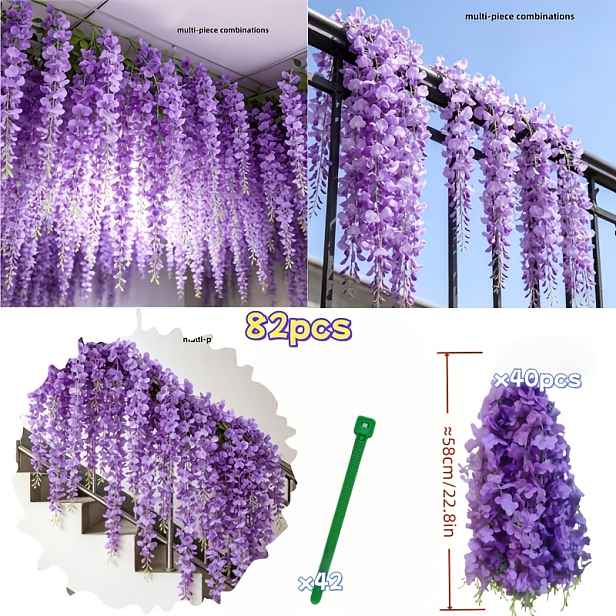 TEMU 82 ks Umělé Fialové Květy a Vinná Růže Wisteria - Celoroční Syntetická Svatební Dekorace, Odolné Plastové Květiny pro Vnitřní/Venkovní/Komerční