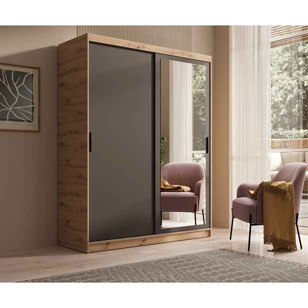 Skříň se zrcadlem a posuvnými dveřmi 160 cm DERLIA - dub artisan / černá