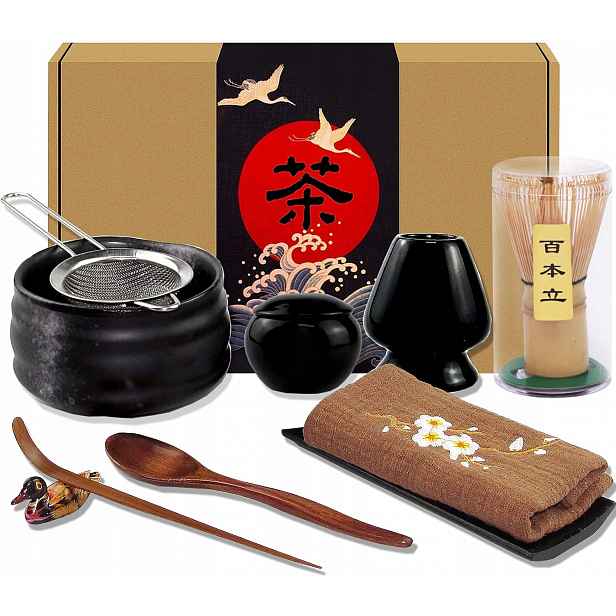 Japonský čajový set Matcha, miska, šlehací metla, rukojeť, lžíce apod.