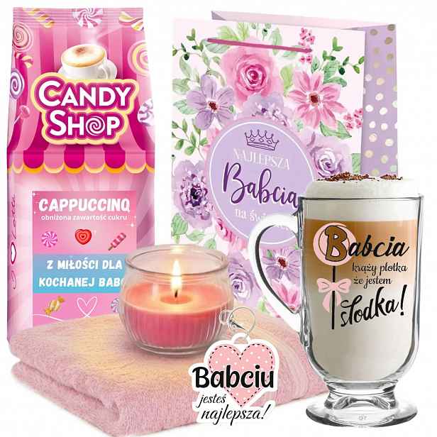 Sada Dárek ke Dni babiček pro babičku Hrnek Ručník Svíčka Přívěsek Na Klíče Taška